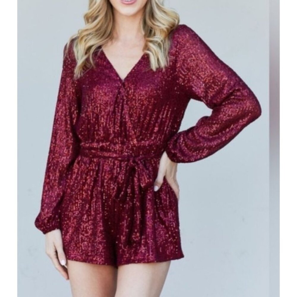 She + Sky Ruby Red Sequin Romper With Long Sleeve… - image 2
